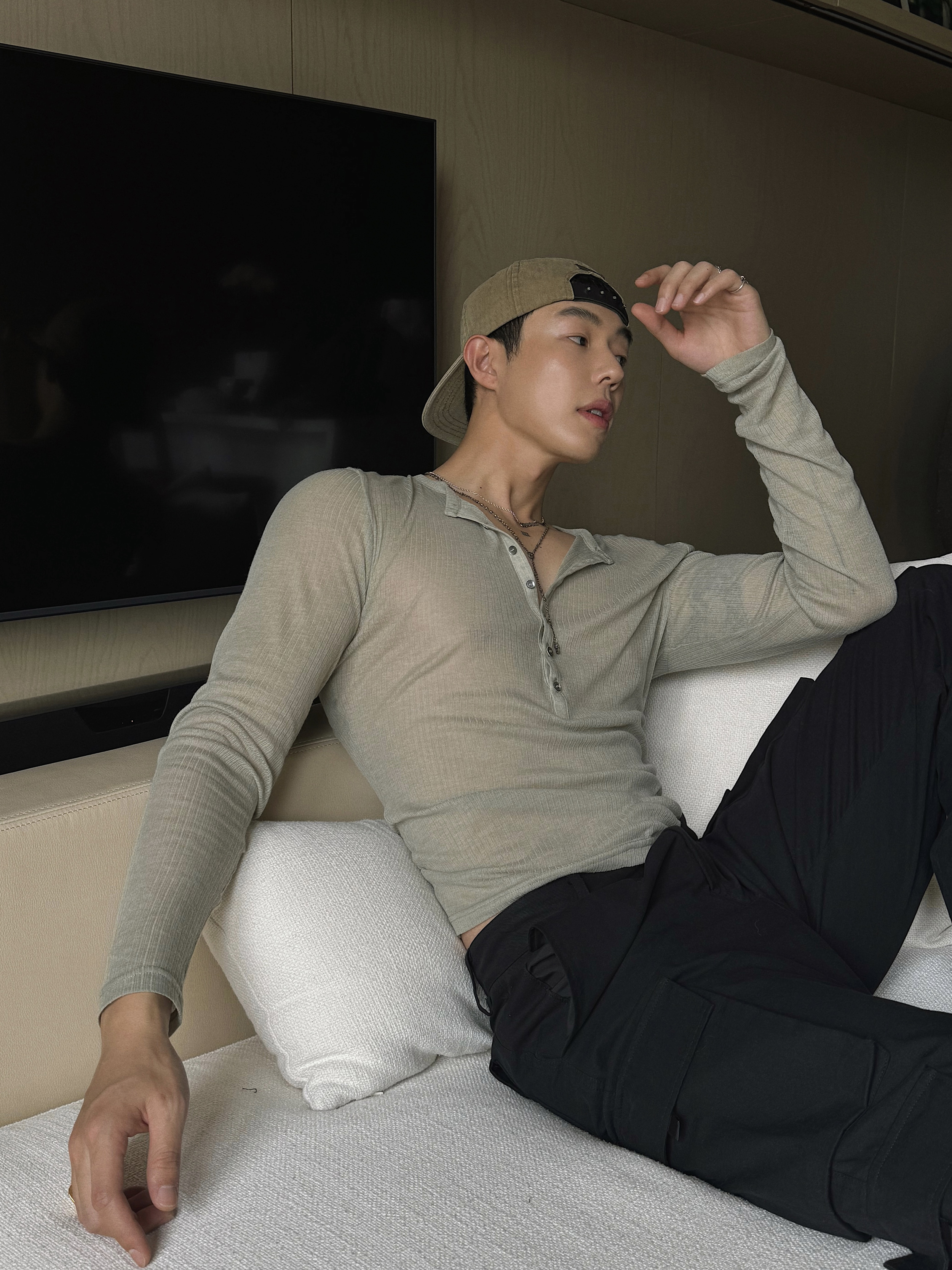 weave 摆脱路人感灰绿色慵懒修身显瘦V领polo长袖透气