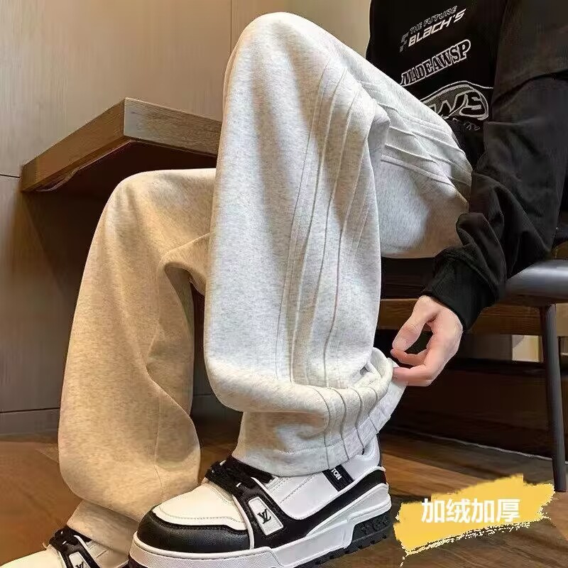 重磅加绒灰色休闲裤男卫裤加厚美式复古阔腿裤青少年垂感秋冬长裤