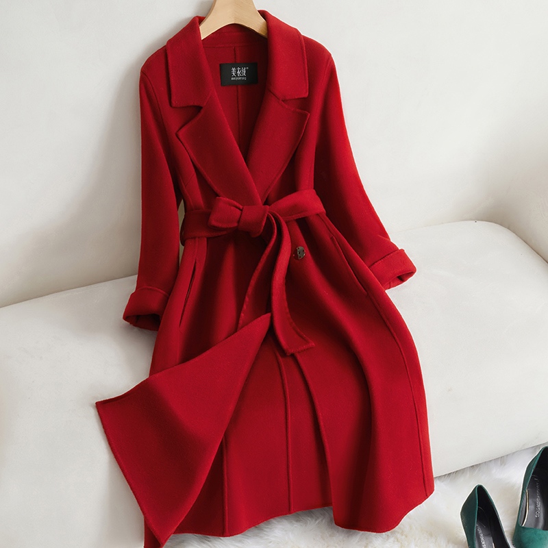 高端双面羊毛大衣女红色中长款过膝时尚气质秋冬季新款羊毛呢外套