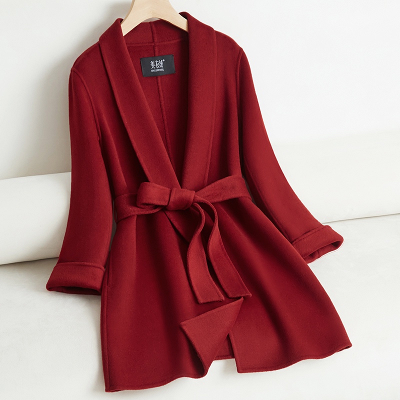 红色双面羊毛大衣女中长款2025新款秋冬高级感修身显瘦羊毛呢外套