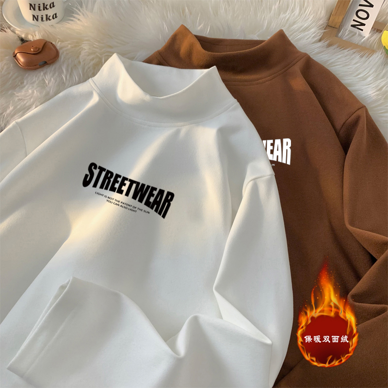 双面绒长袖t恤男新款秋冬季半高领大码男款百搭宽松保暖内搭上衣