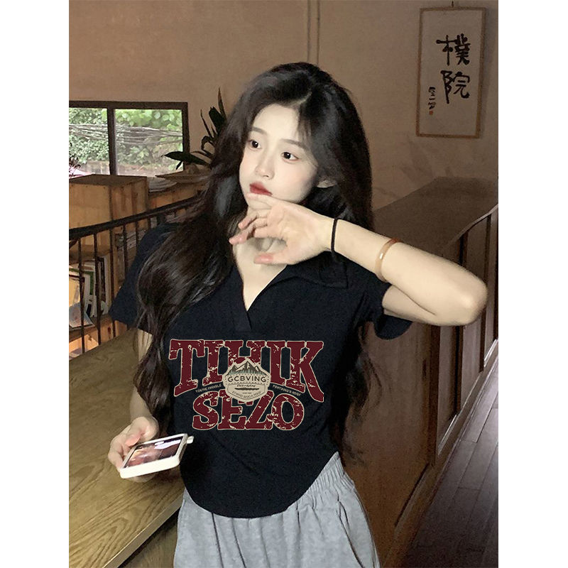 纯棉polo领衫短袖正肩t恤女夏季设计感小众纯欲修身显瘦短款上衣