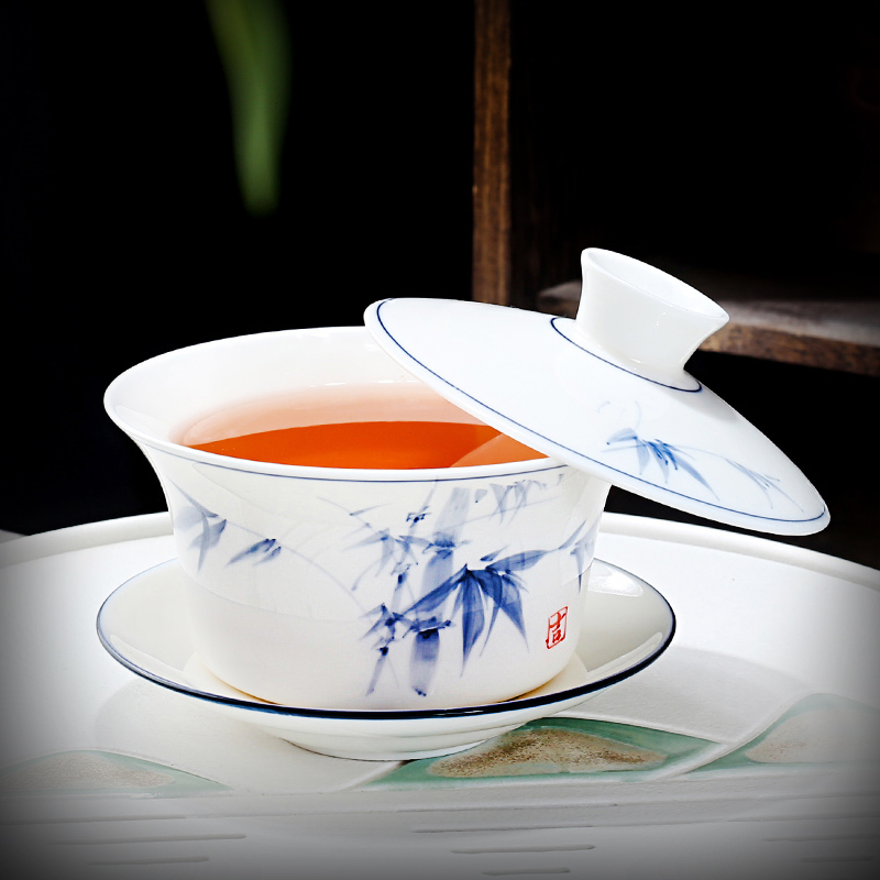 纯手绘悬停大盖碗320ml八宝茶盖碗茶陶瓷茶具茶杯德化白瓷盖碗具