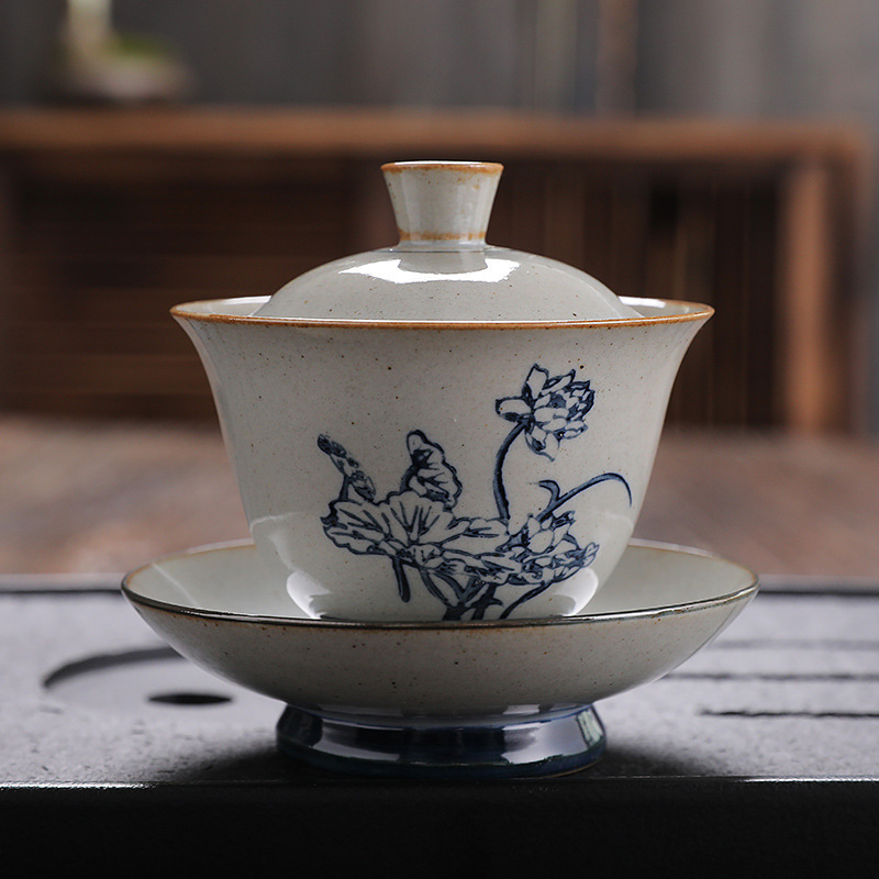 泥序手绘复古陶瓷青花三才盖碗中式茶碗单茶茶器防烫泡茶杯茶具