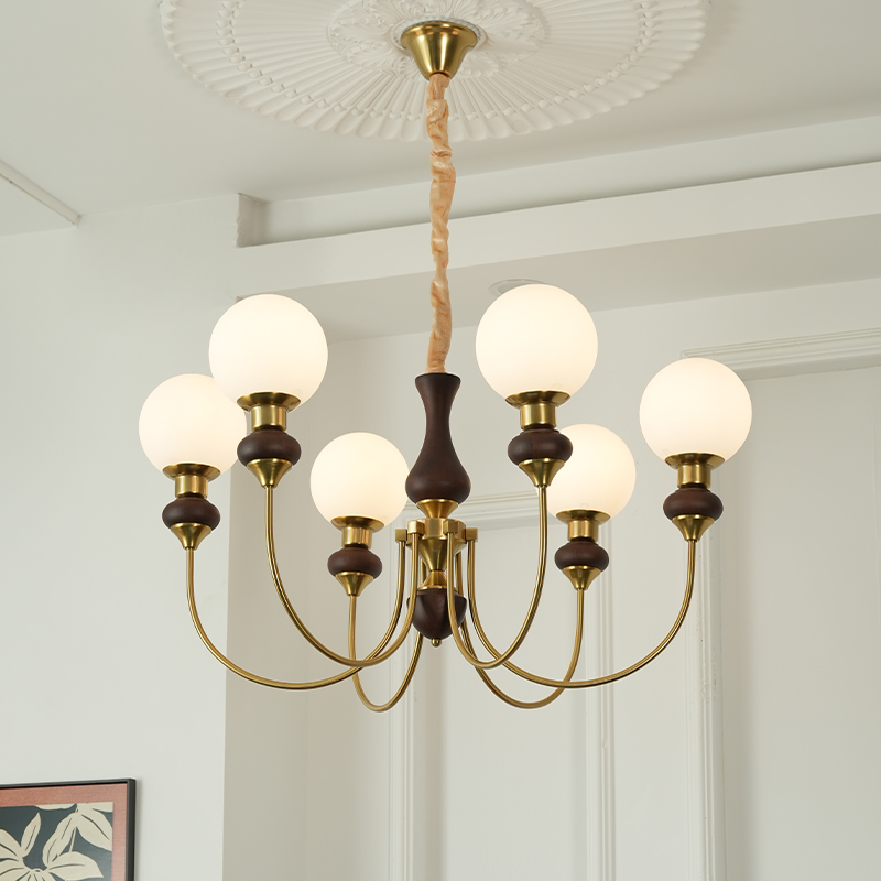 中古风法式客厅复式实木吊灯高档胡桃木色全光谱护眼吊灯魔豆