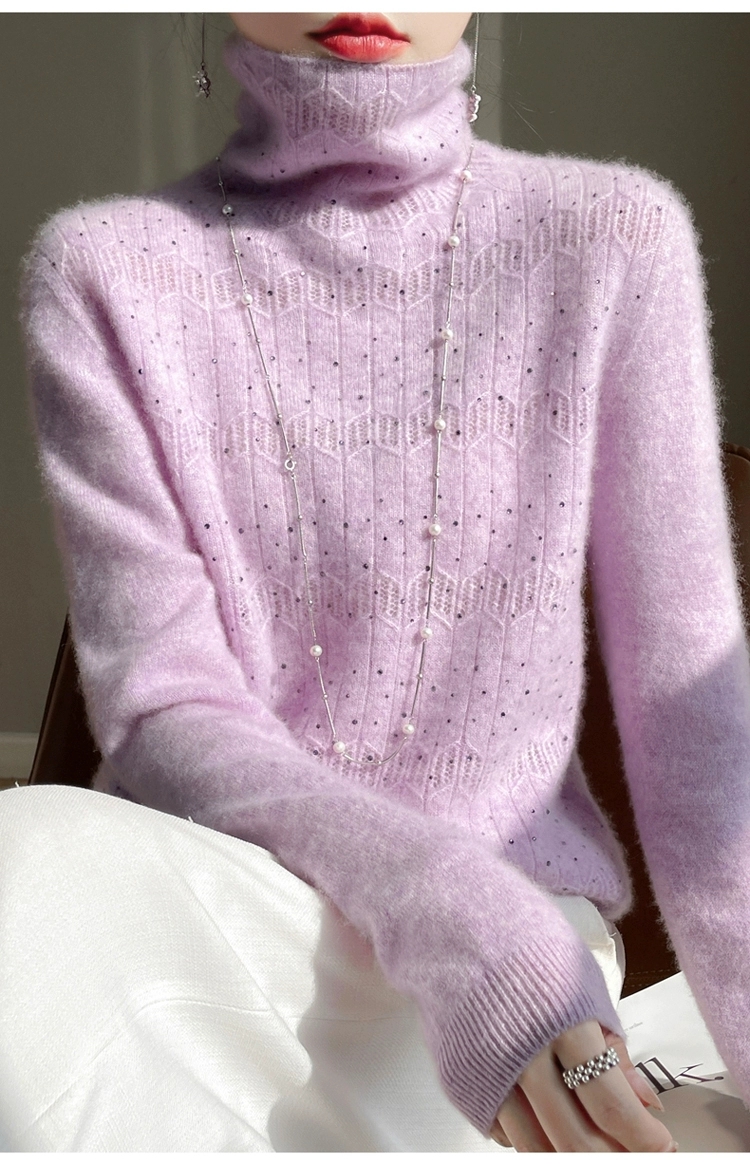 【无缝成衣】堆堆高领100%羊毛全钻镂空提花针织衫#236