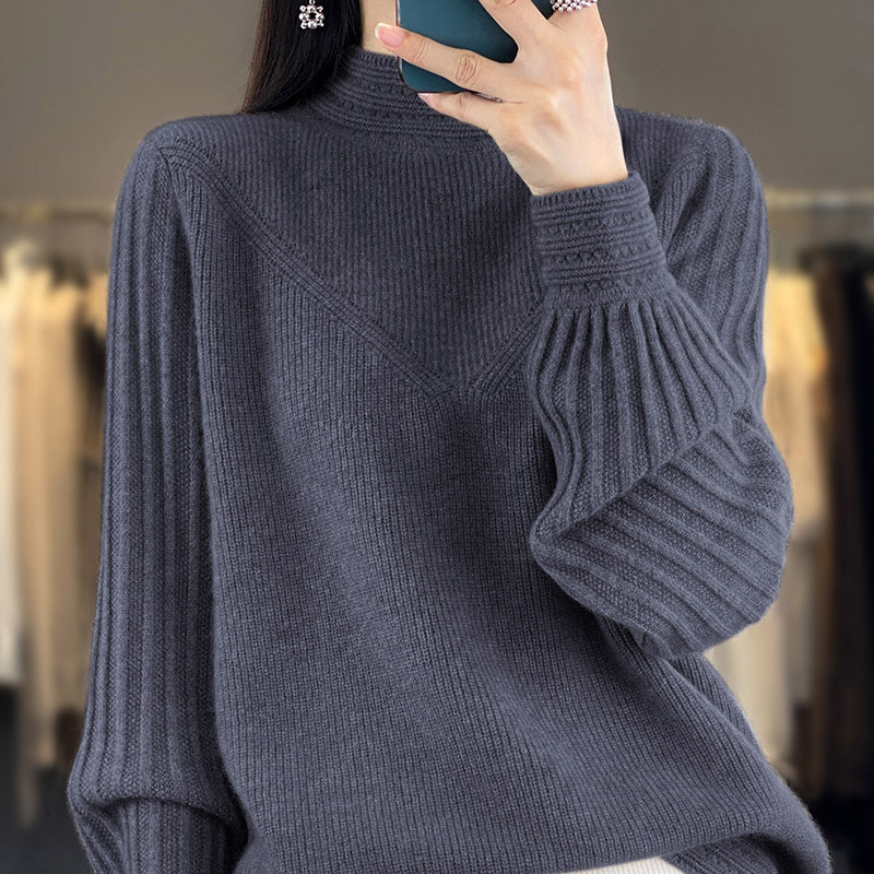 秋冬新款半高领灯笼袖羊毛衫100%羊毛宽松百搭打底衫2237