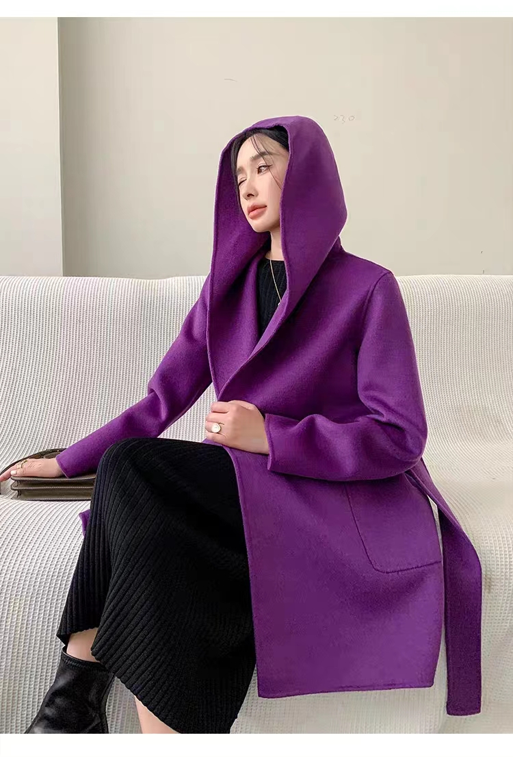 新款！小个子连帽短款双面100%羊毛系带宽松大衣外套