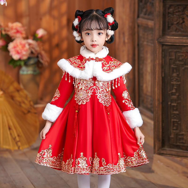 2023新款汉服女童冬季加绒加厚套装中国风唐装周岁礼服童装拜年服