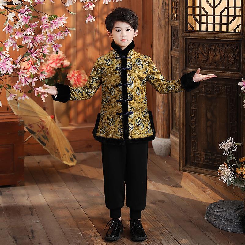 男童宝宝拜年服加绒套装儿童过年喜庆衣服冬装新年加厚两件套批发