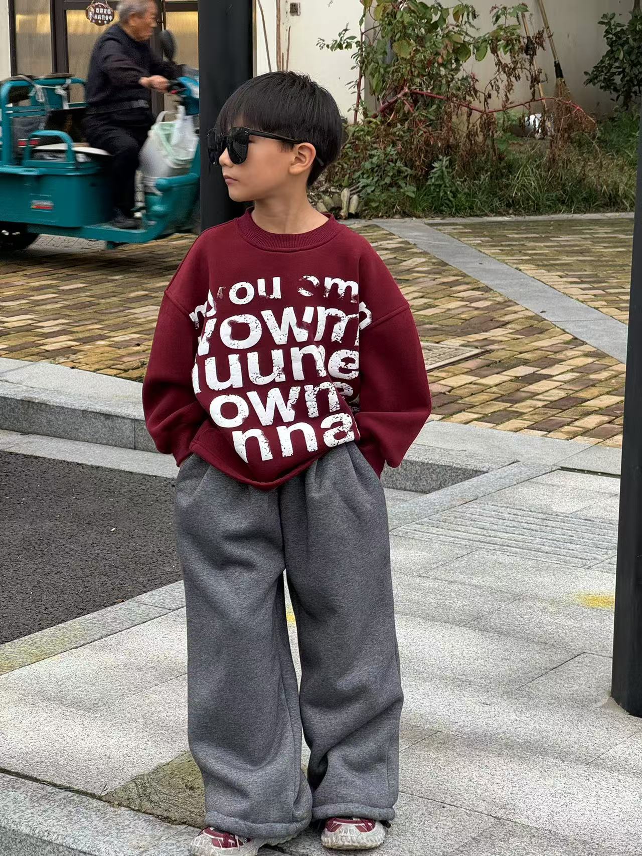 (新潮）冬季儿童加绒加厚字母卫衣宽松百搭中大童保暖印花韩版复古