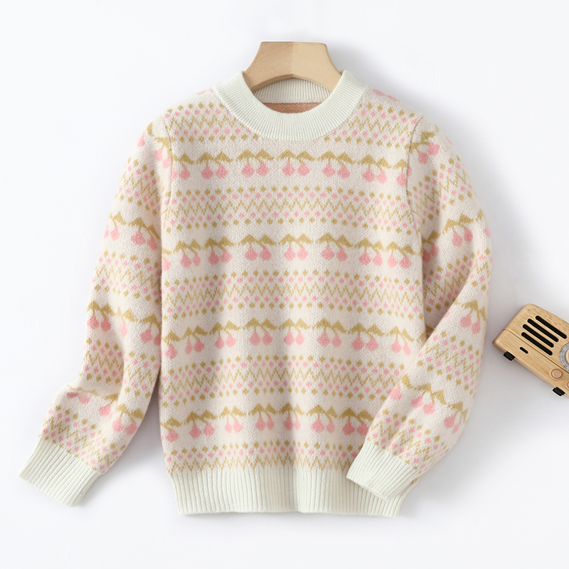 新款儿童羊毛衫女童毛衣樱桃图案女孩针织打底衫加厚圆领秋冬