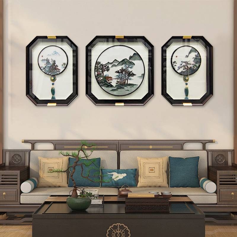 山居图·高端苏绣装饰画·客厅三联画·沙发背景画·沙发后背画中式