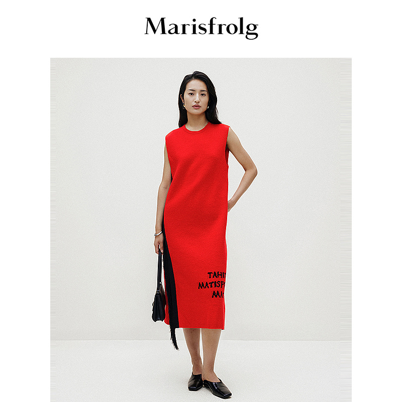 Marisfrolg/玛丝菲尔复古圆领气质红色秋冬长裙针织裙A1AY1810M