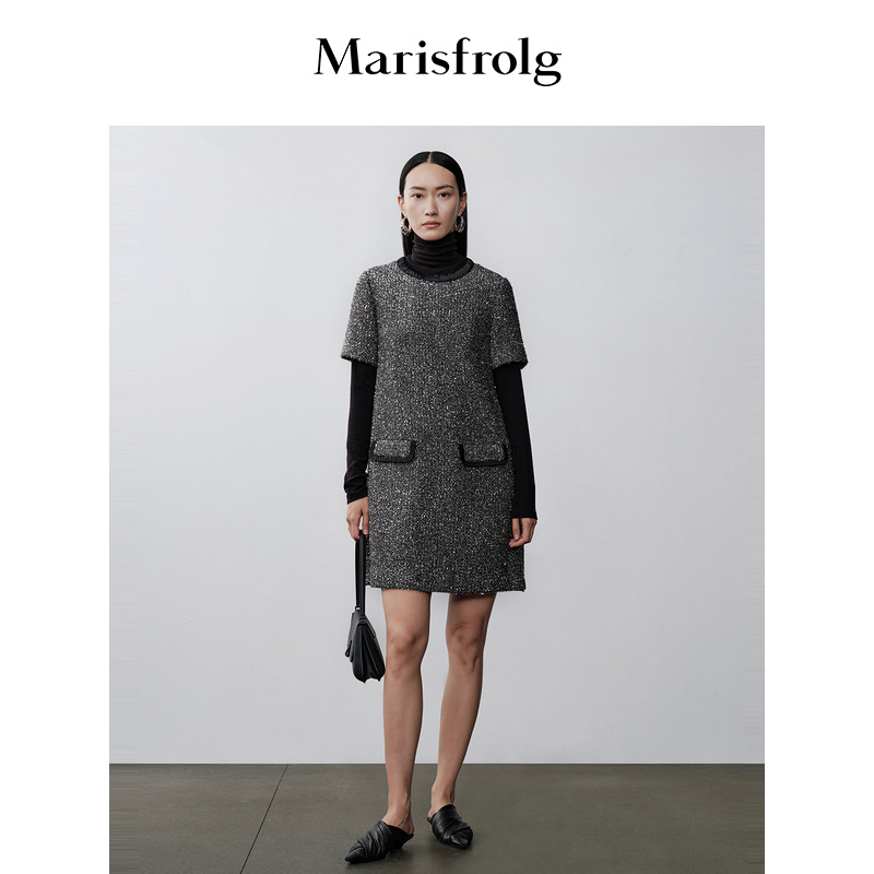 玛丝菲尔黑色设计师中长轻奢秋冬时尚连衣裙A1BW4412E