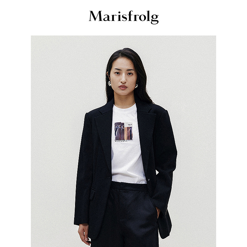 Marisfrolg/玛丝菲尔时尚干练简约收腰黑色西装外套A1DE10533
