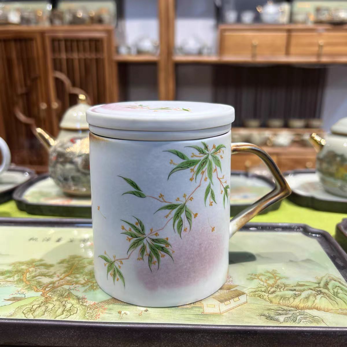 天香粉柴烧李辉熠纯手绘堆料汝瓷带茶滤办公杯