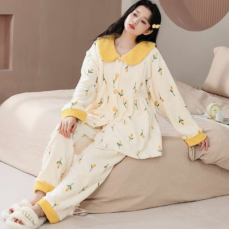 孕妇法兰绒月子服秋冬季加厚加绒孕妇睡衣女冬天珊瑚绒产后哺乳怀