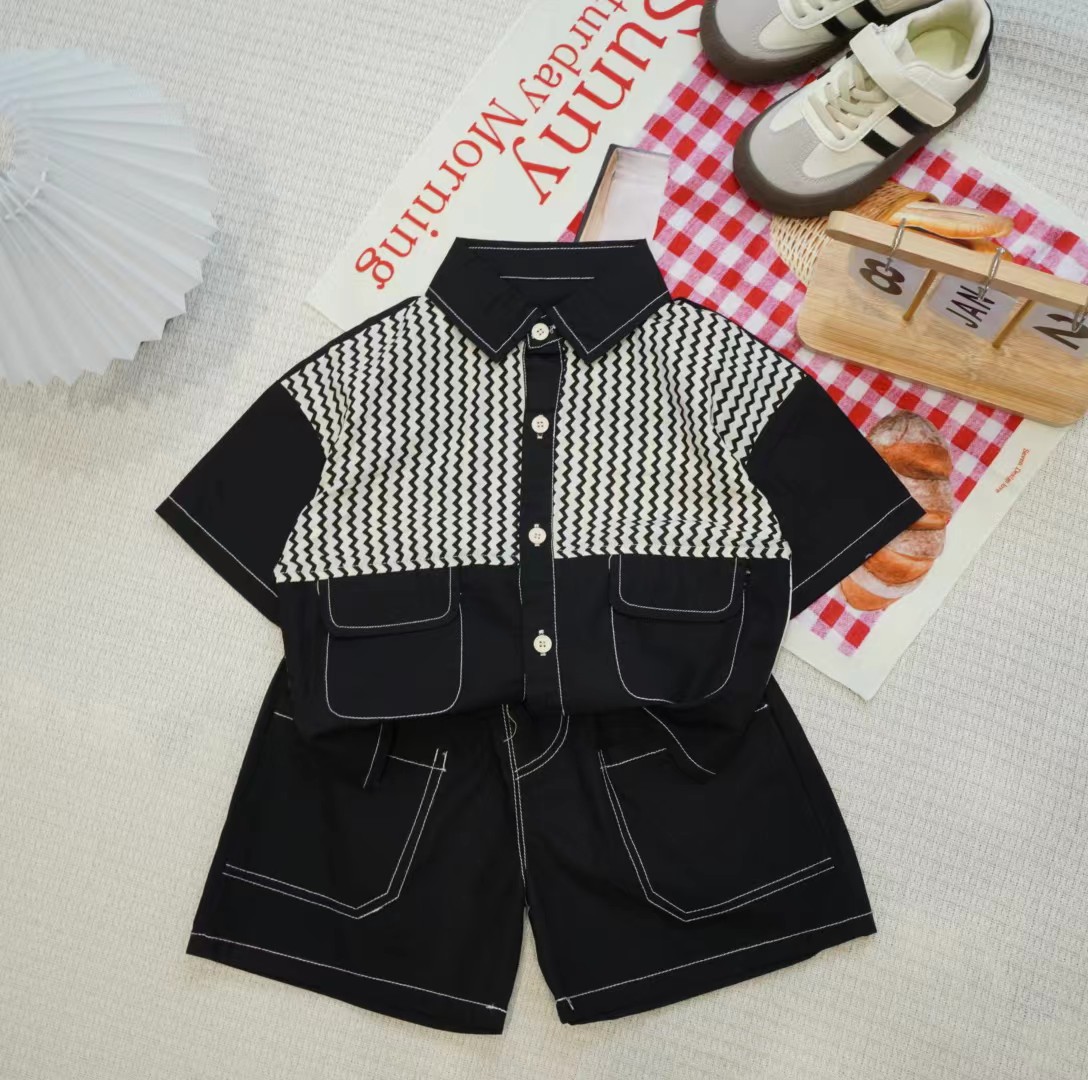 儿童夏季韩版拼接条纹衬衫套装XQ032