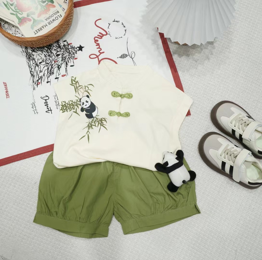 儿童夏季中国风可爱小熊猫无袖两件套XQ675
