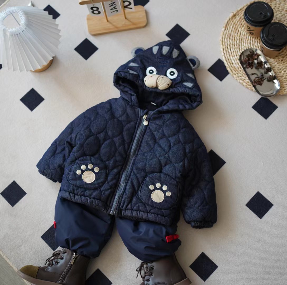 儿童冬季韩版卡通立体小老虎连帽加厚牛仔棉服SQ1533