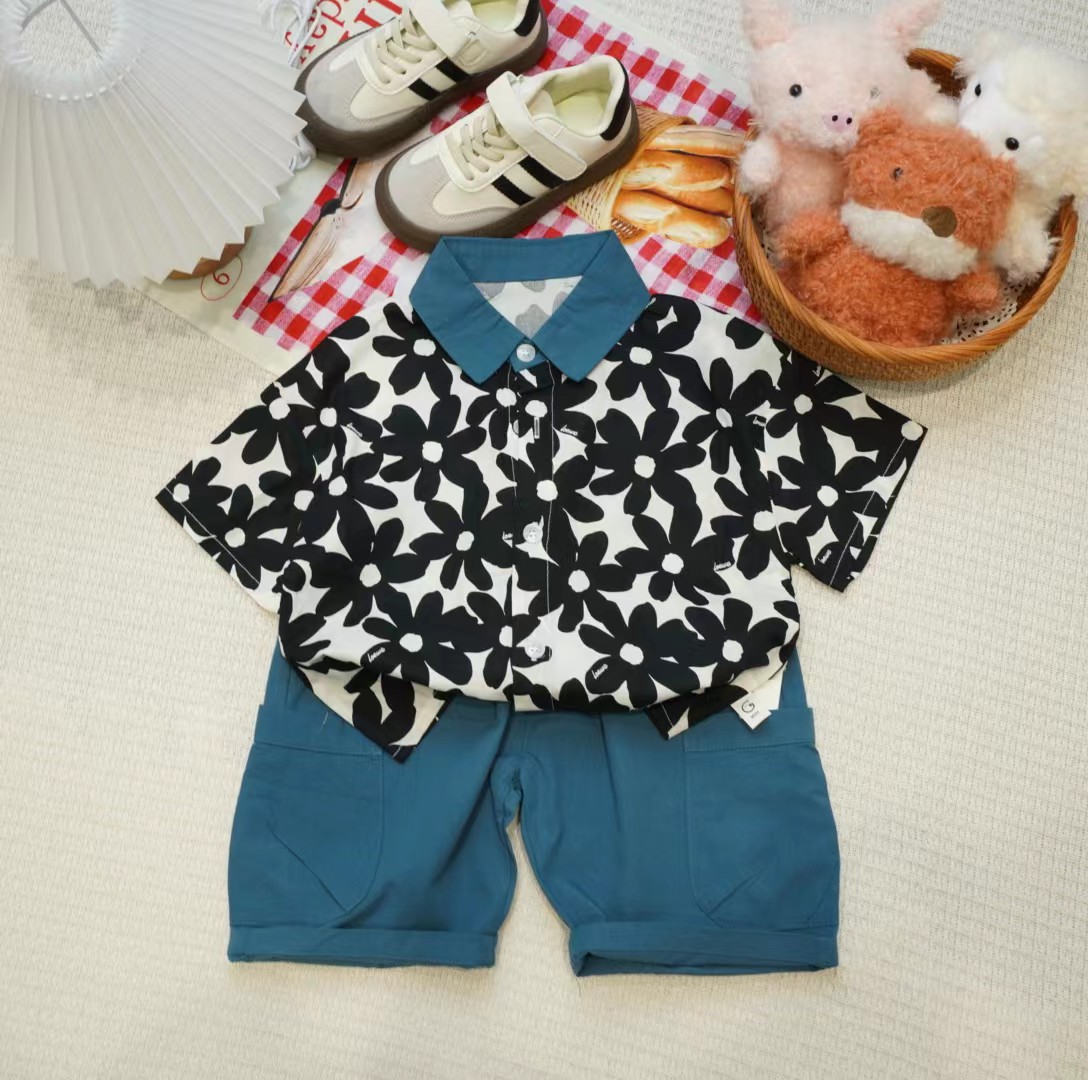 胡子头夏季男宝小花衬衫套装XQ021