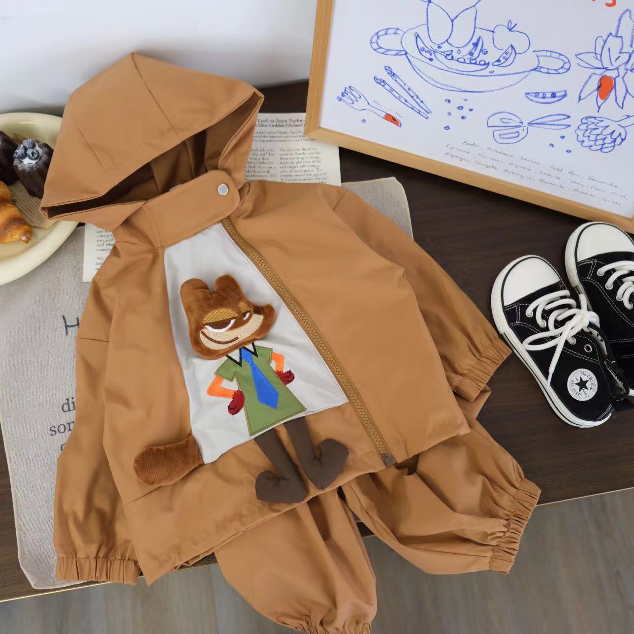 儿童春秋韩版斜拉链立体狐狸连帽两件套H1587