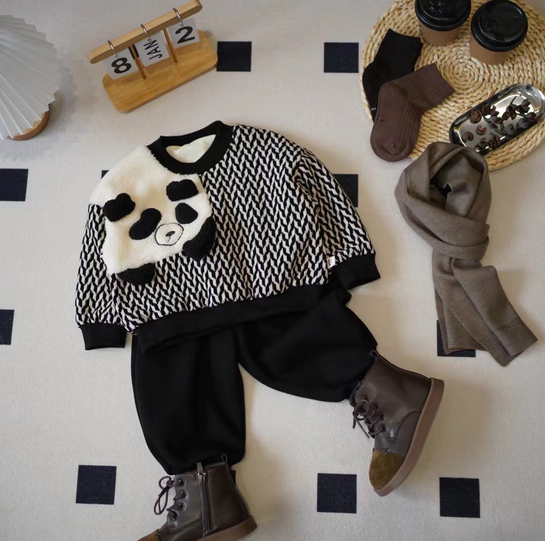 儿童冬季韩版卡通拼接小熊猫加绒卫衣两件套SQ1303 