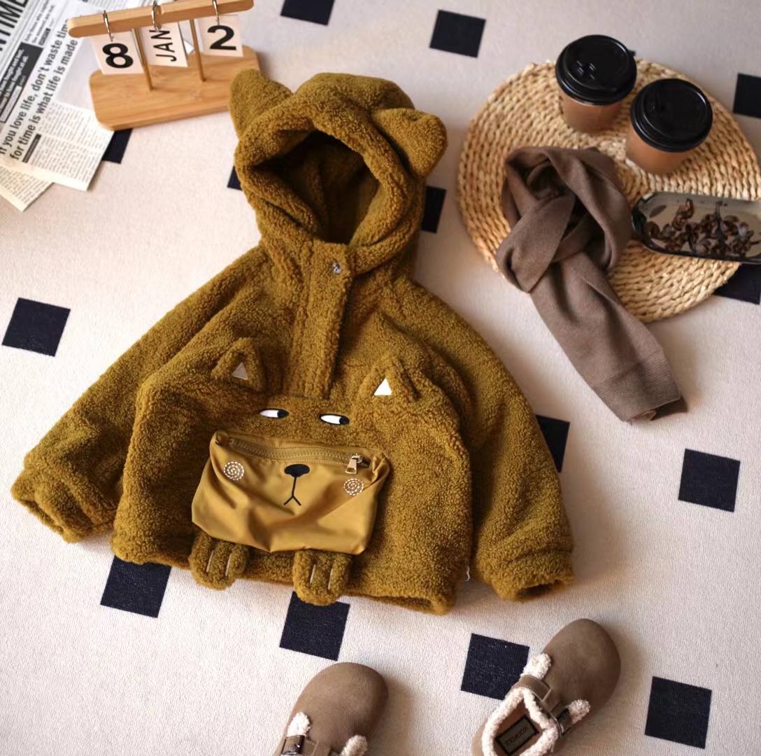 儿童冬季韩版立体口袋加菲猫连帽加绒毛毛外套SQ1328