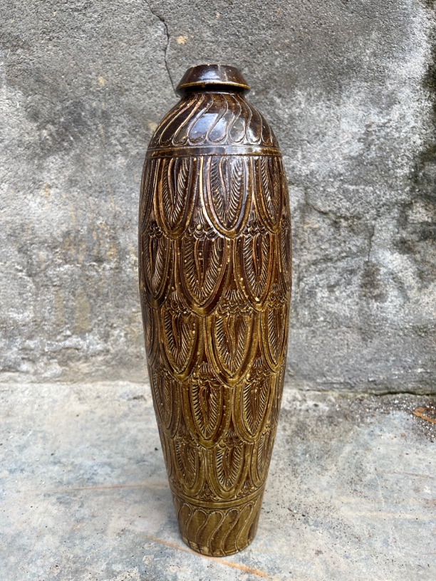 磁州窑黑釉剔花梅瓶复古陶瓷摆件手工雕刻家居装饰