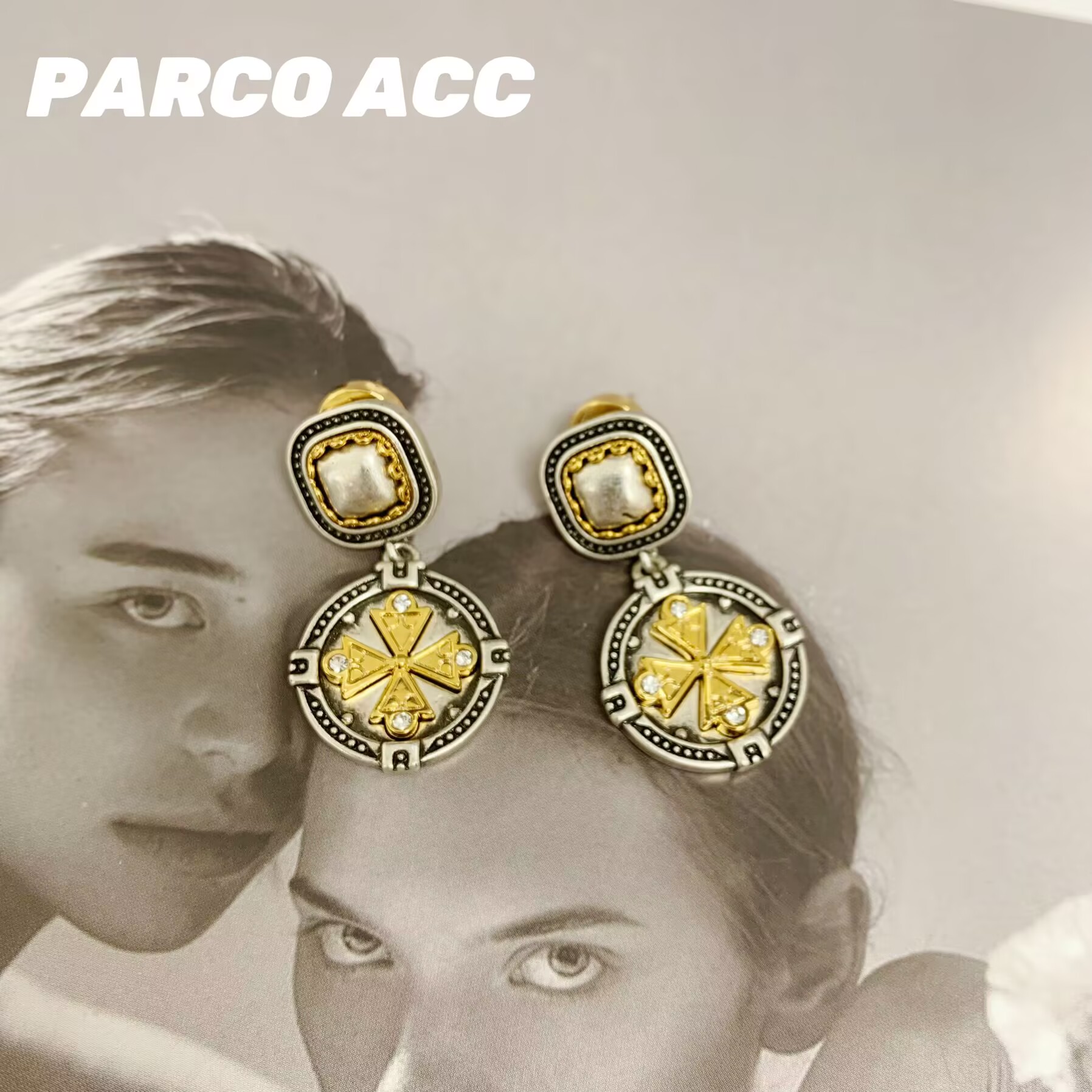 铜合金合成锆石耳饰 GT809 做旧重工十字花双拼耳钉