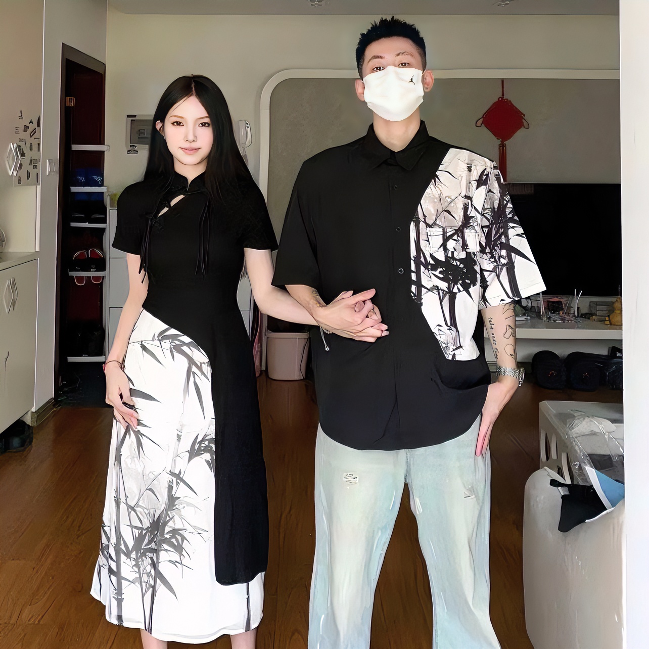 情侣装夏季新中式女装旗袍高级感连衣裙女国风裙子女水墨裙衬衫男