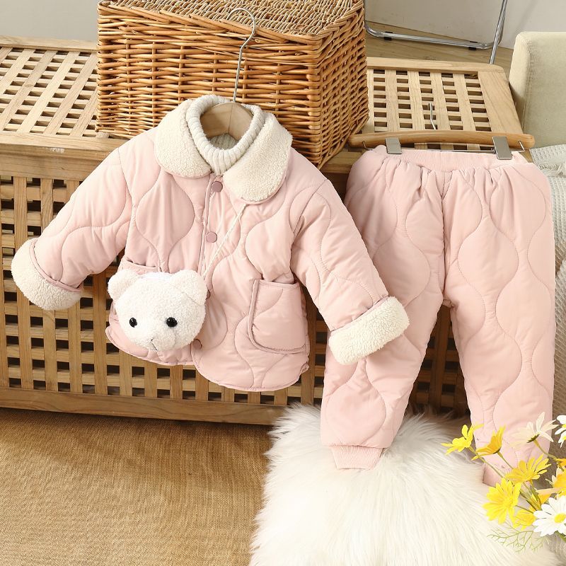 2023新款秋冬女童加绒棉服套装宝宝洋气加厚外套中小童超萌棉内胆