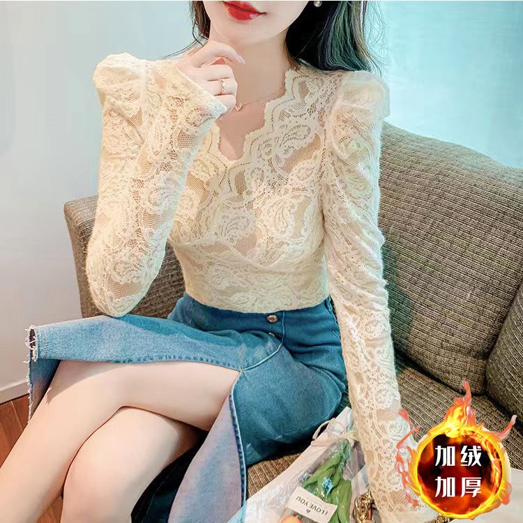 秋冬季新款时尚百搭修身显瘦长袖蕾丝打底衫镂空纯色V领打底上衣