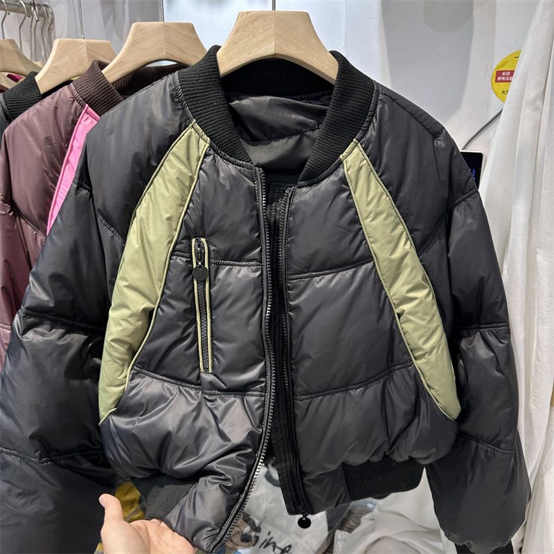 韩版撞色气质圆领褶皱拉链长袖开衫棉衣棉服2023新款减龄小衫上衣