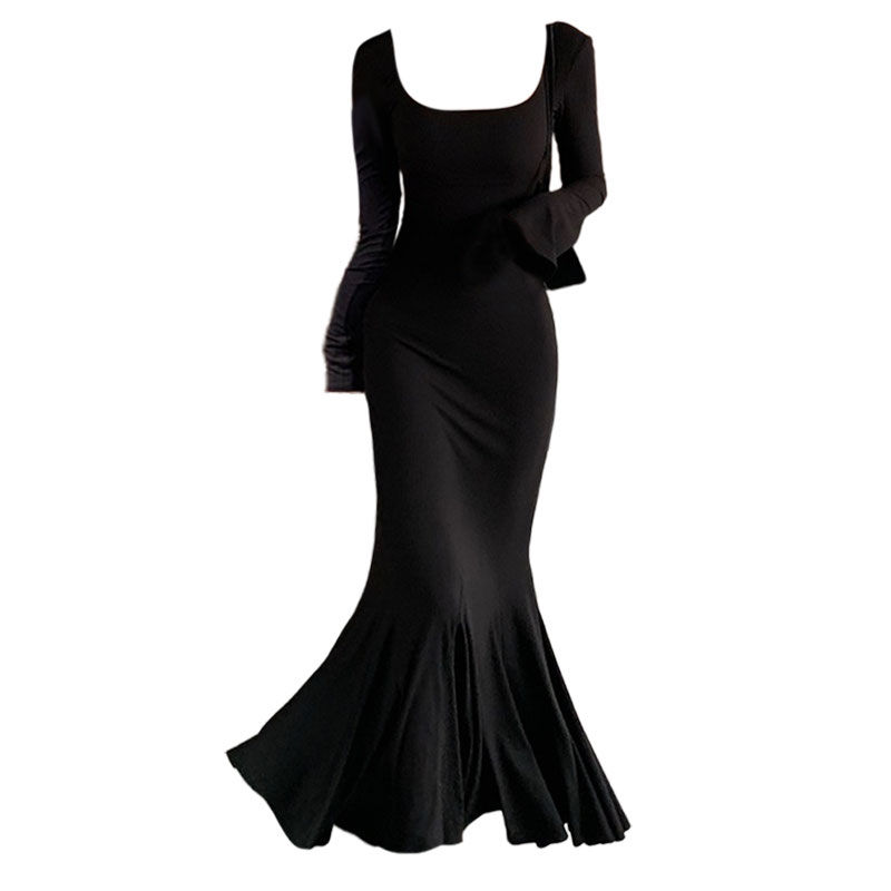 大码胖MM高级感方领长袖鱼尾包臀连衣裙女秋季修身步步生莲长裙子