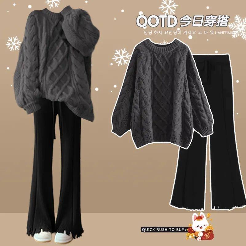 大码女装秋季套装女新款收腰显瘦减龄慵懒风毛衣休闲裤两件套