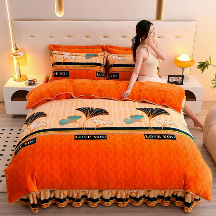 冬季牛奶绒床裙四件套加厚双面法兰绒加绒床单被套珊瑚绒--芯诗曼