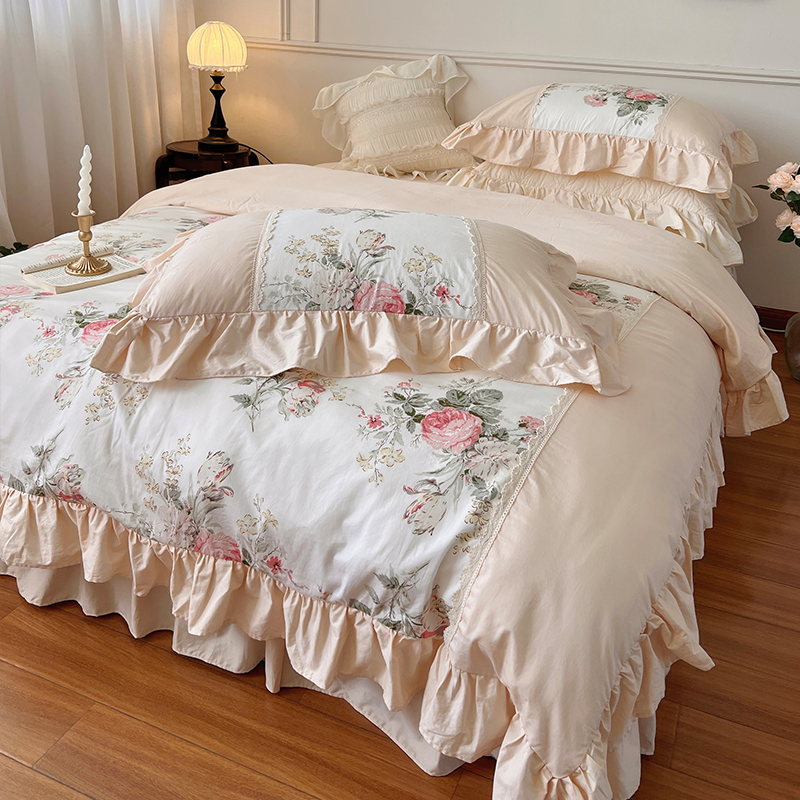 【莱奥妮】法式复古碎花四件套全棉纯棉公主风荷叶边被套床单床品