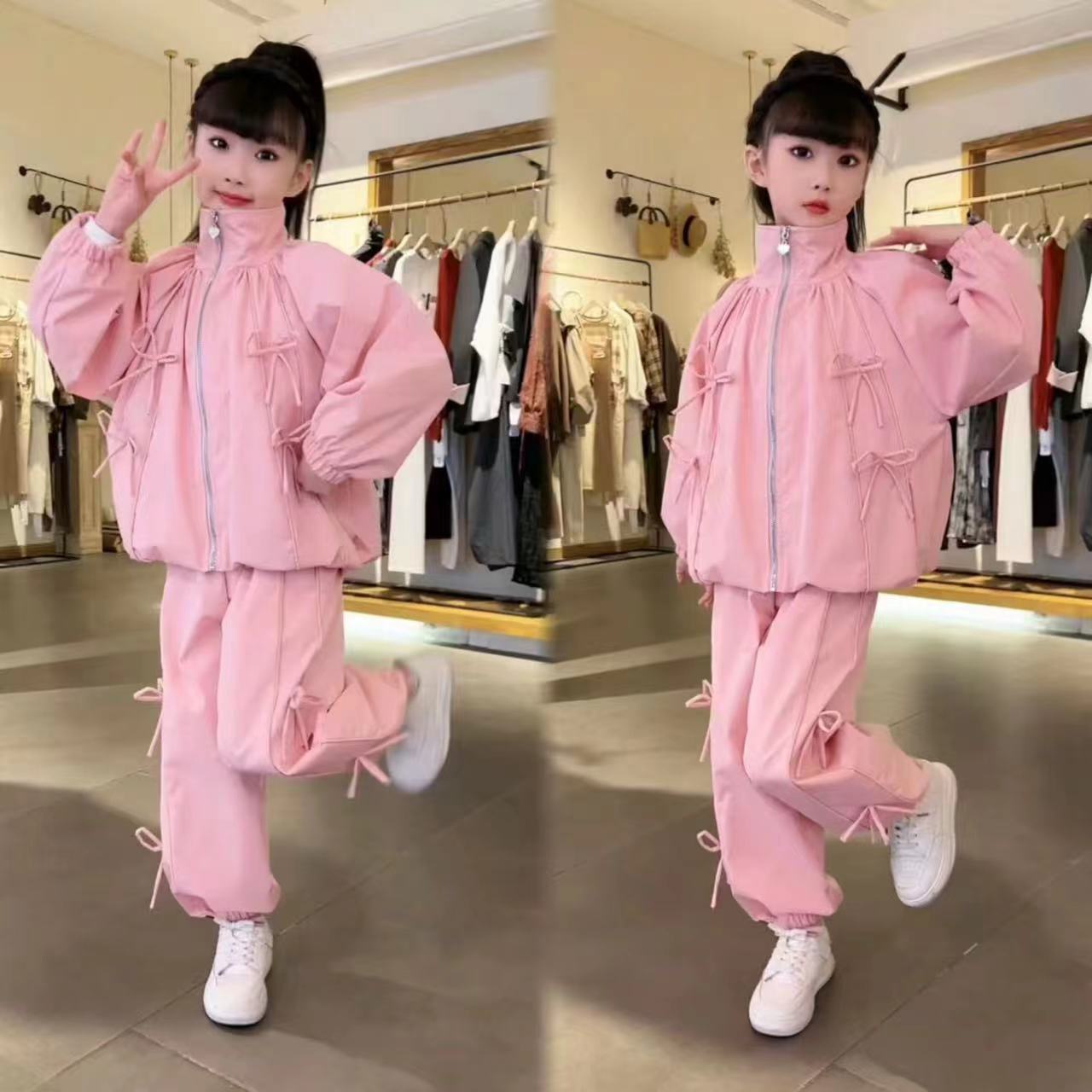 女童粉色甜美蝴蝶结外套2025春秋新款设计感立领拉链冲锋衣洋气潮