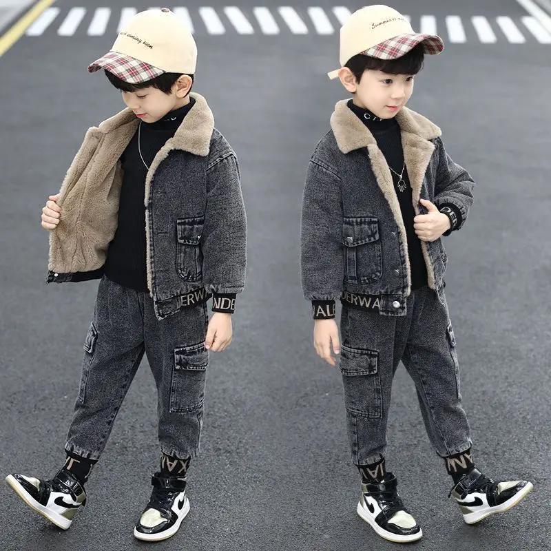 男童秋冬套装儿童服装洋气韩版冬季加绒加厚潮牛仔中大童帅气冬款