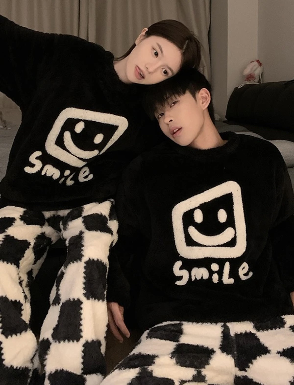 情侣睡衣珊瑚绒秋冬女加厚加厚日系笑脸男女士秋冬款套装