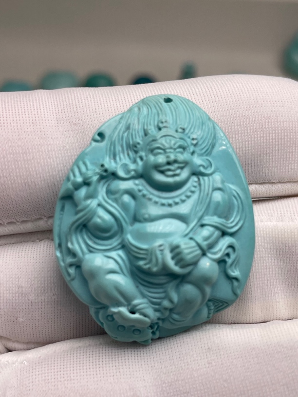 天然原矿绿松石雕刻财神做挂坠项链吊坠挂件吊坠项链腰链吊坠