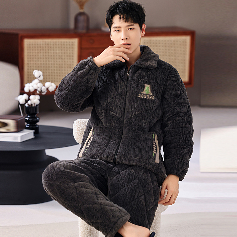 冬季睡衣男士三层夹棉加绒加厚保暖立领拉链家居服两件套装可外穿