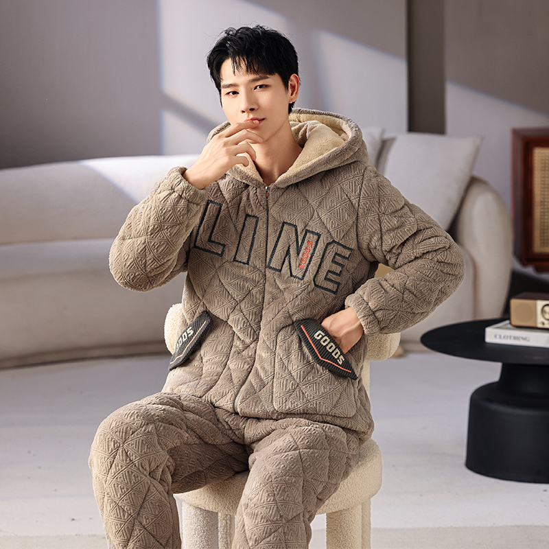 冬季睡衣男士三层夹棉加绒加厚保暖连帽拉链家居服两件套装可外穿