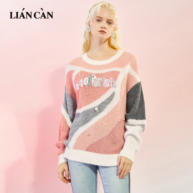 莲灿秋冬新套头慵懒风甜美个性撞色圆领长袖宽松毛衣7122134004