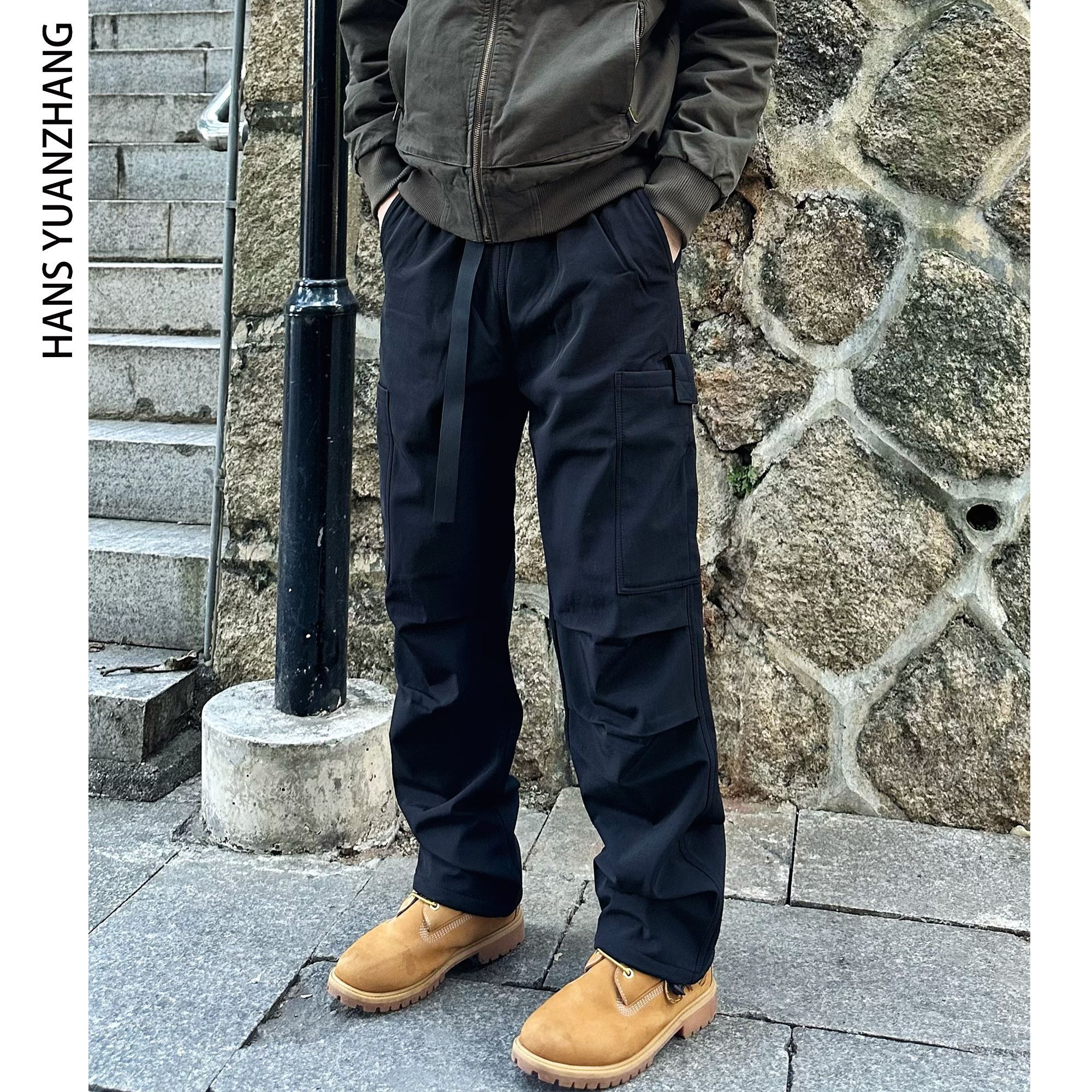 Hans院长 休闲皱感工装裤户外防水内复合奥粒绒加绒宽松直筒