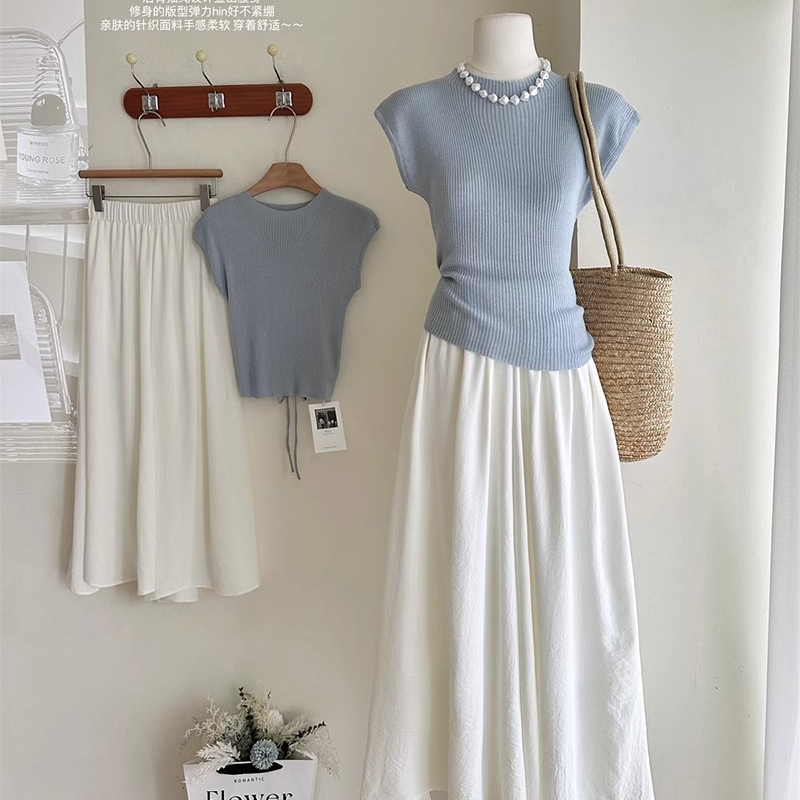 温柔风白色大摆裤裙+蓝色针织无袖上衣-TT3110#