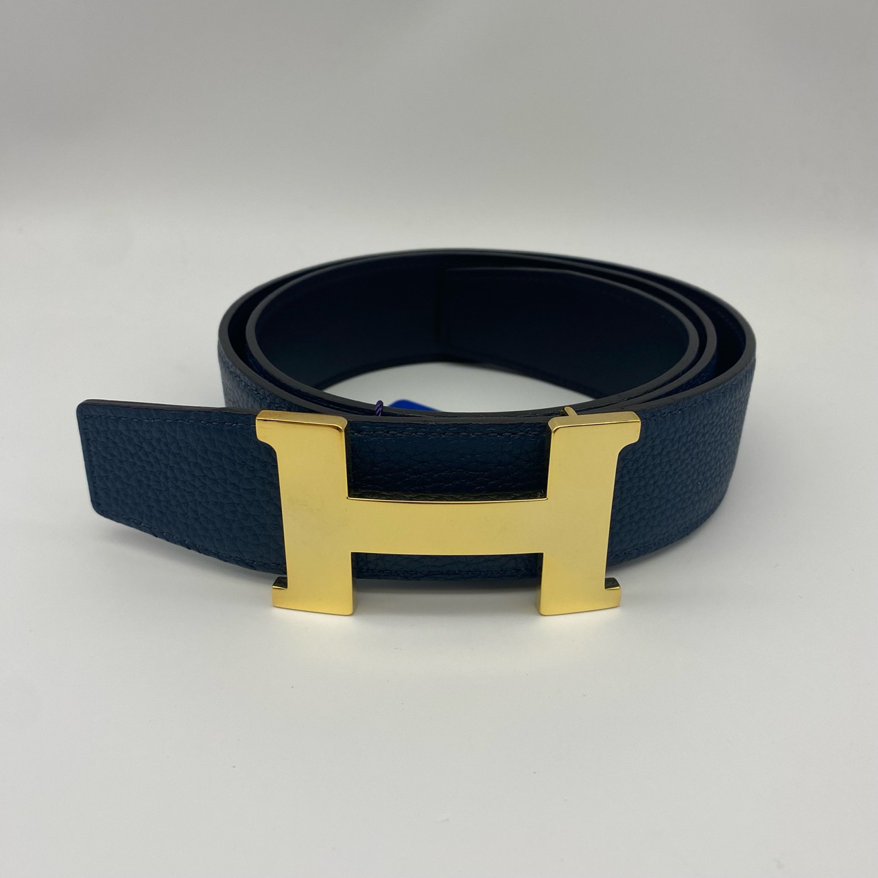 95新 Hermes/爱马仕 黑拼蓝双面金头皮带85码/10114027