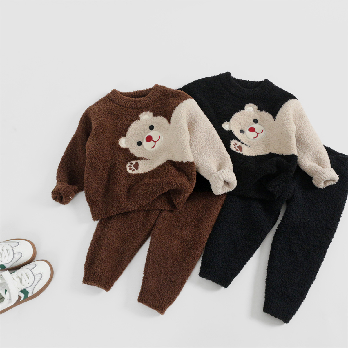 儿童毛衣套装中小童圆领冬季加绒加厚家居服男童小熊宝宝打底衫